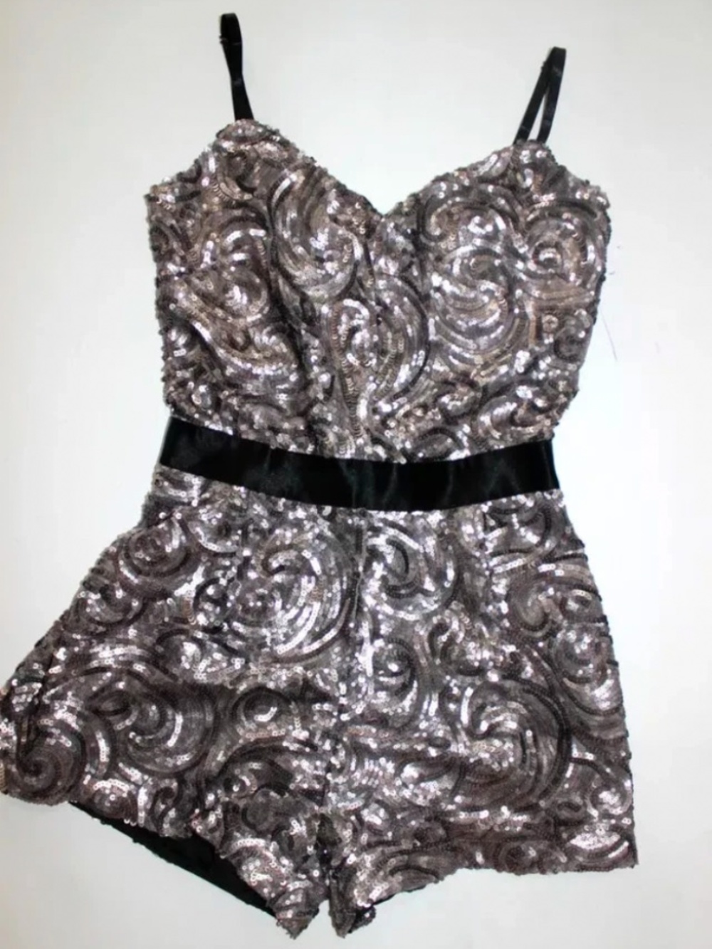 NWT Bebe black gray silver overall sequin straps romper s small